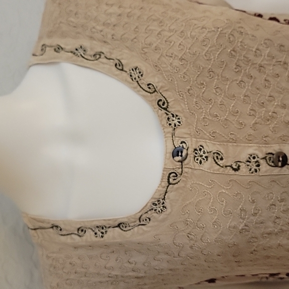 VTG MAGIC 1980s Tan Floral Embroidered Tie Back Sleeveless Circle Dress - Picture 6 of 16